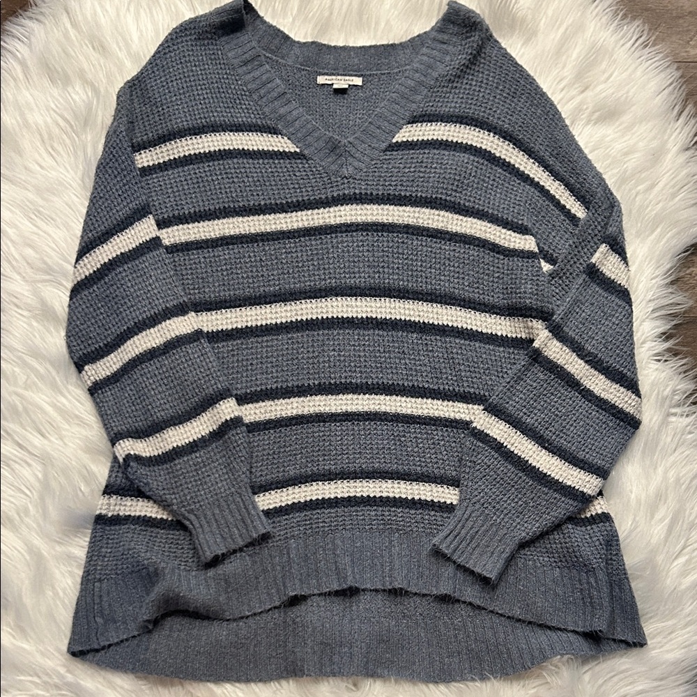 American Eagle Outfitters V-Neck Sweater - Blue and White Stripes